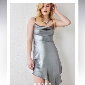 Urban Outfitters Silver Metallic‎ Cowl Neck Asymmetrical Mini Dress Womens Small